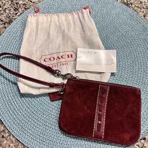 Vintage Coach Brand Burgundy Maroon Suede Wristlet Rarely Used with Dust Bag